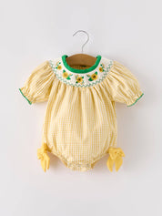 Yellow Plaid Floral Smocking Embroidered Baby Girl Romper