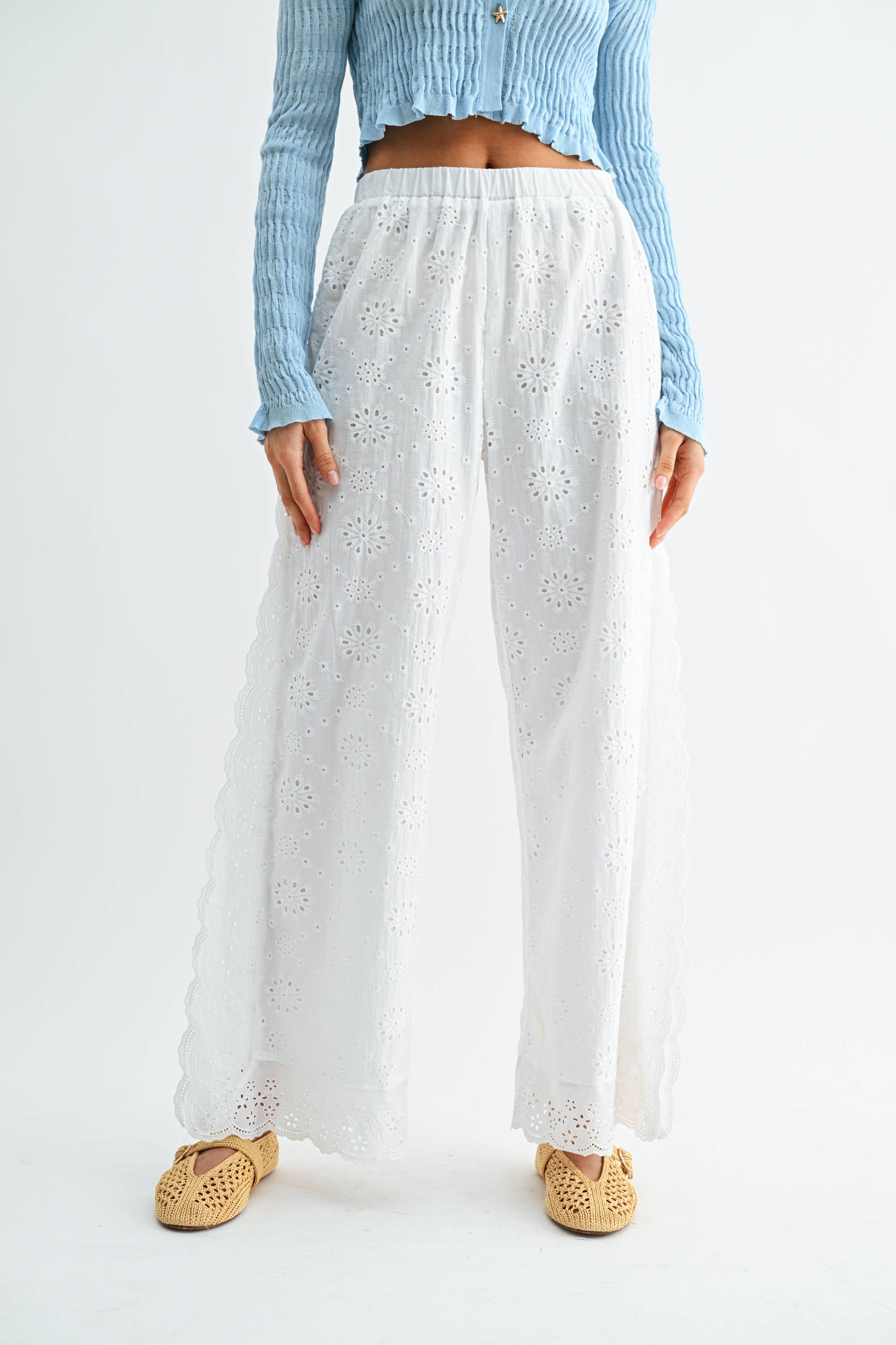 White Floral Eyelet Pants