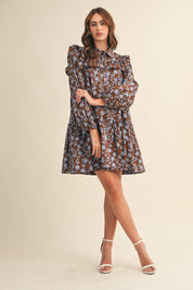 Brown Ruffle Trim Button Down Mini Dress