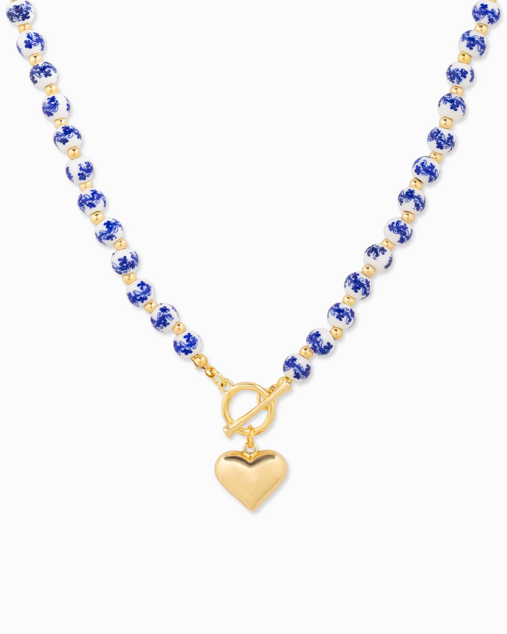 Blue Ceramic Bead Puffy Heart Toggle Necklace
