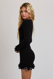 Black Boat Neck Ruffle Hem Sweater Dress