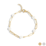 18K Gold Steel Station Pearl Paperclip Chain Bracelet