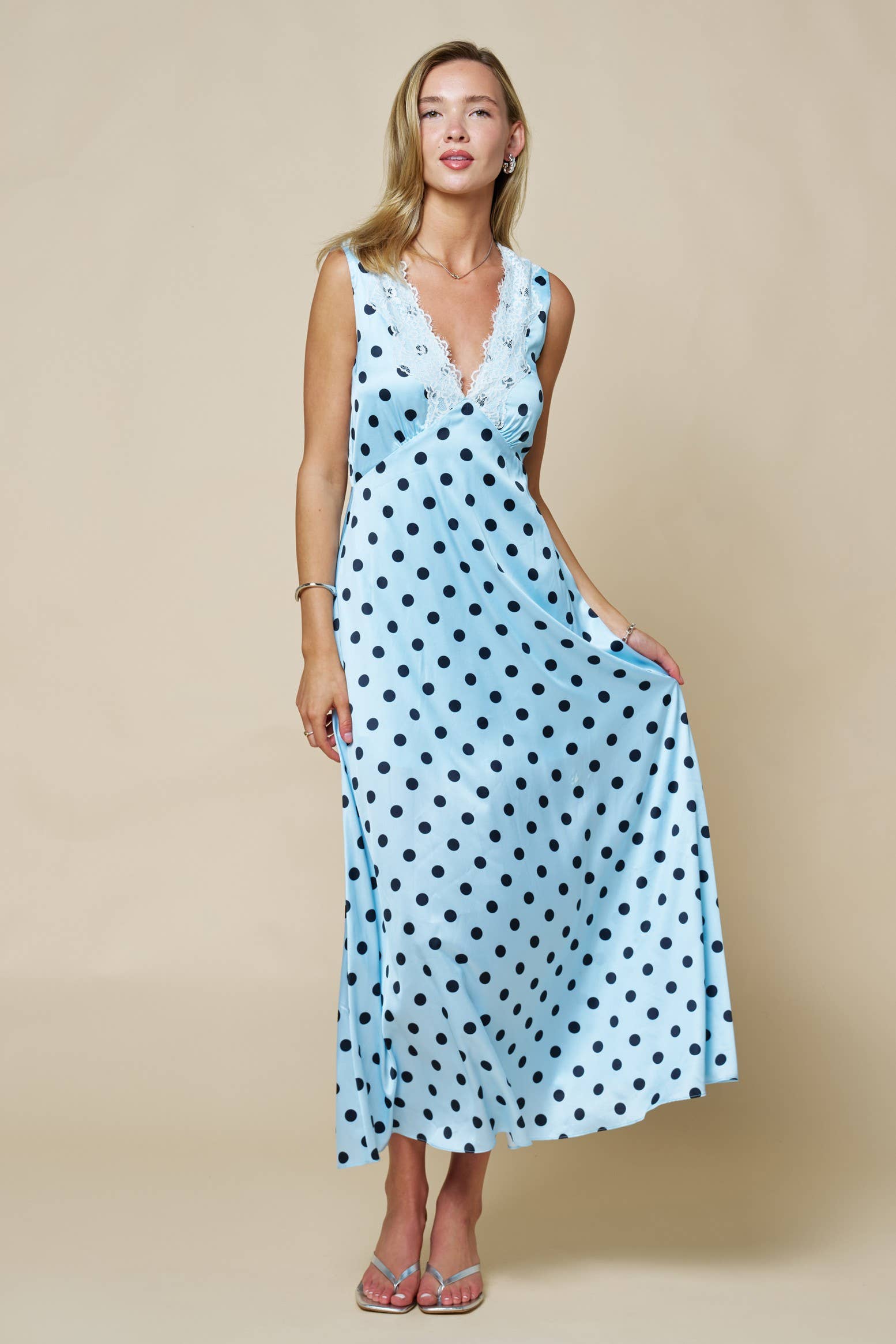 Light Blue Satin Polka Dot Maxi Dress