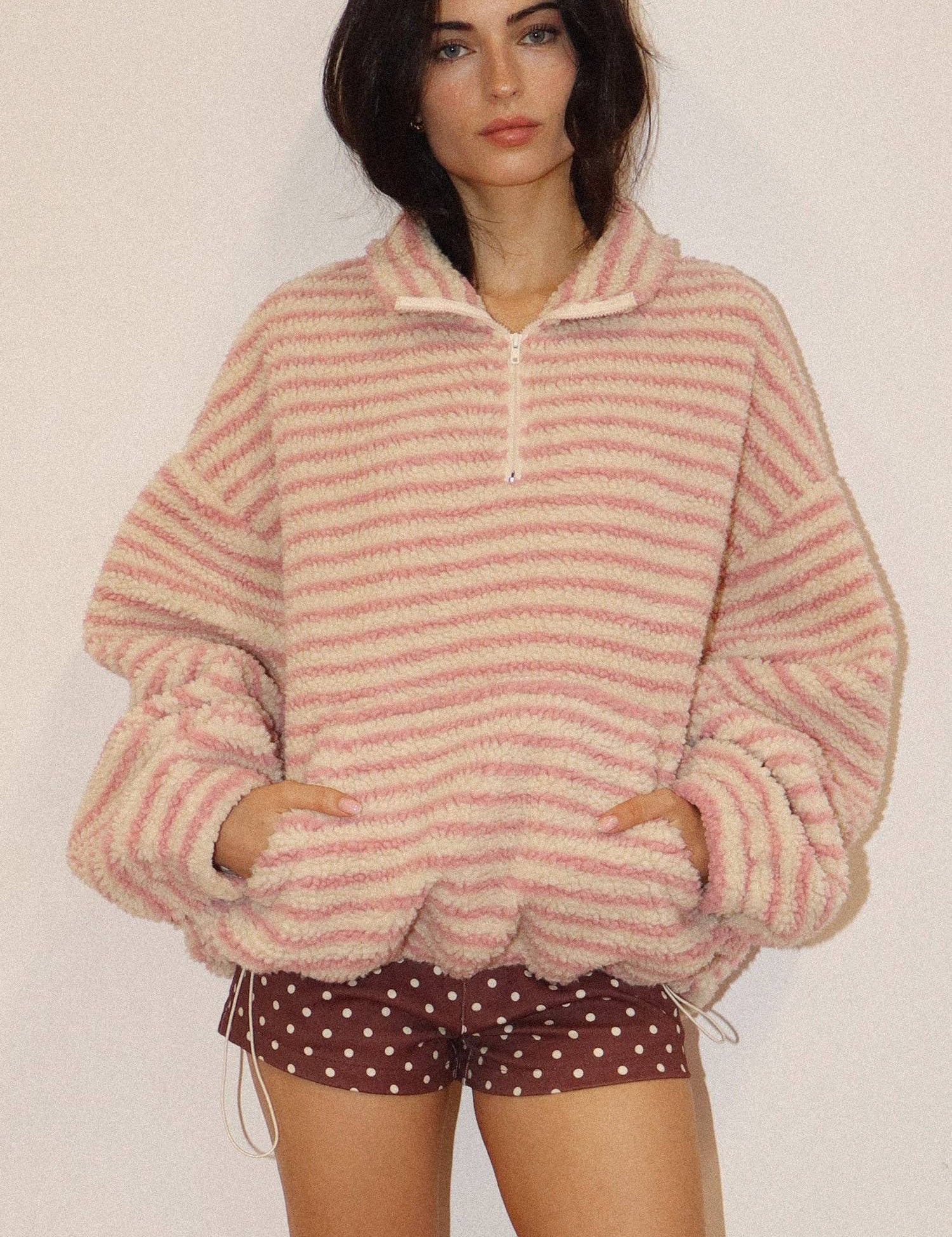 Pink Stripe Sherpa Pullover — half zip and sherpa