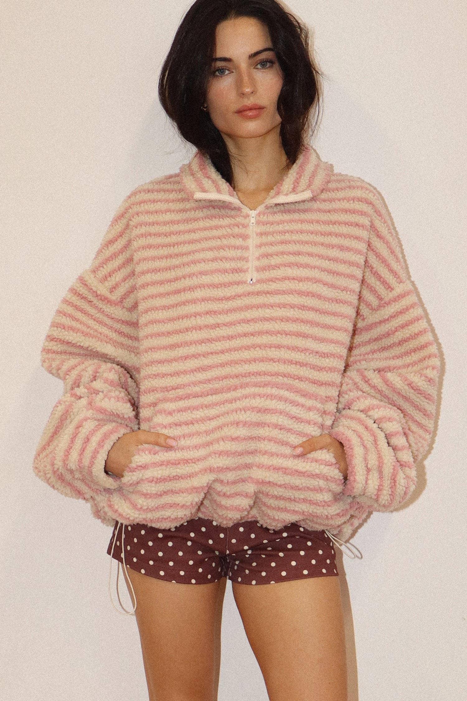 Pink Stripe Sherpa Pullover — half zip and sherpa