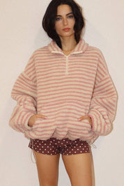 Pink Stripe Sherpa Pullover — half zip and sherpa