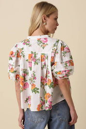 White Floral Puff Sleeve Blouse
