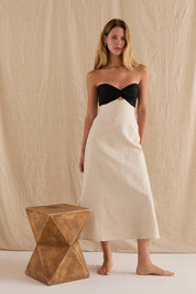 Linen Colorblock Front Twist Midi Dress