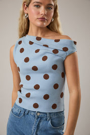 Blue & Brown Polka Dot Asymmetrical Top