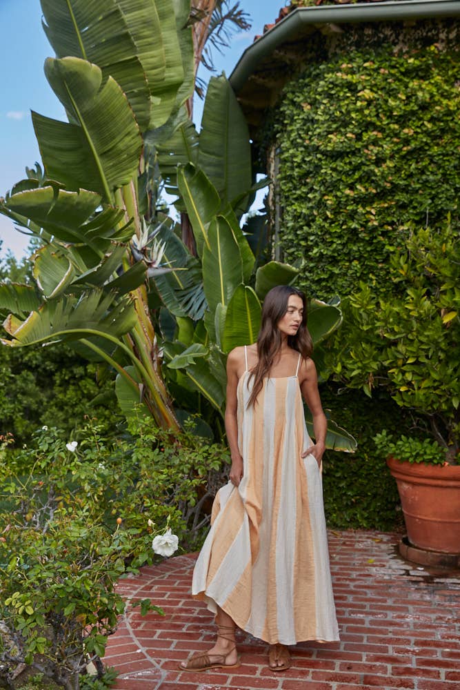 Orange & White Striped Cami Pintuck Midi Dress