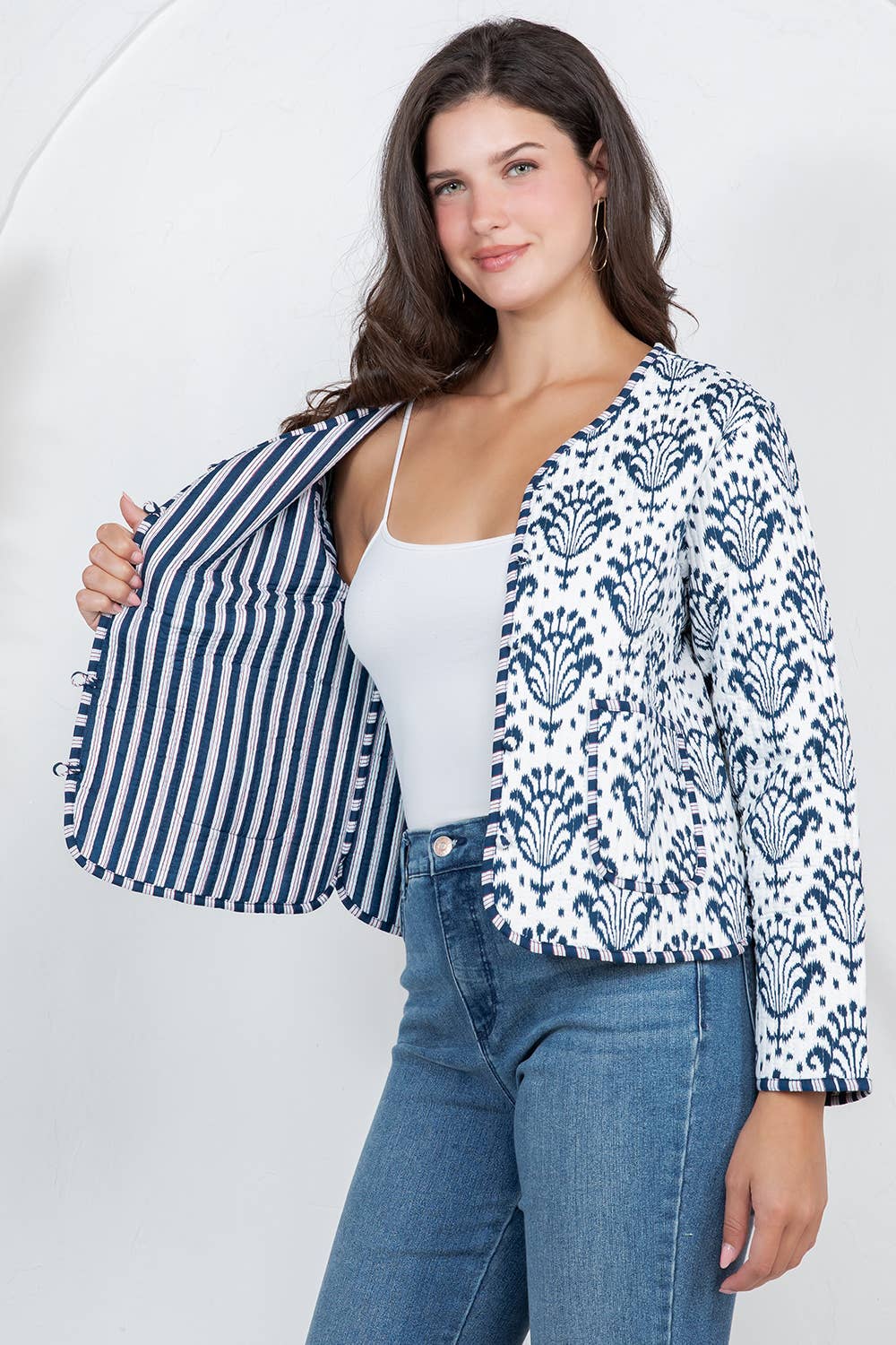 Blue & White Floral Print Quilted Jacket
