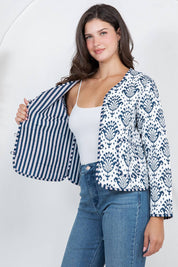 Blue & White Floral Print Quilted Jacket