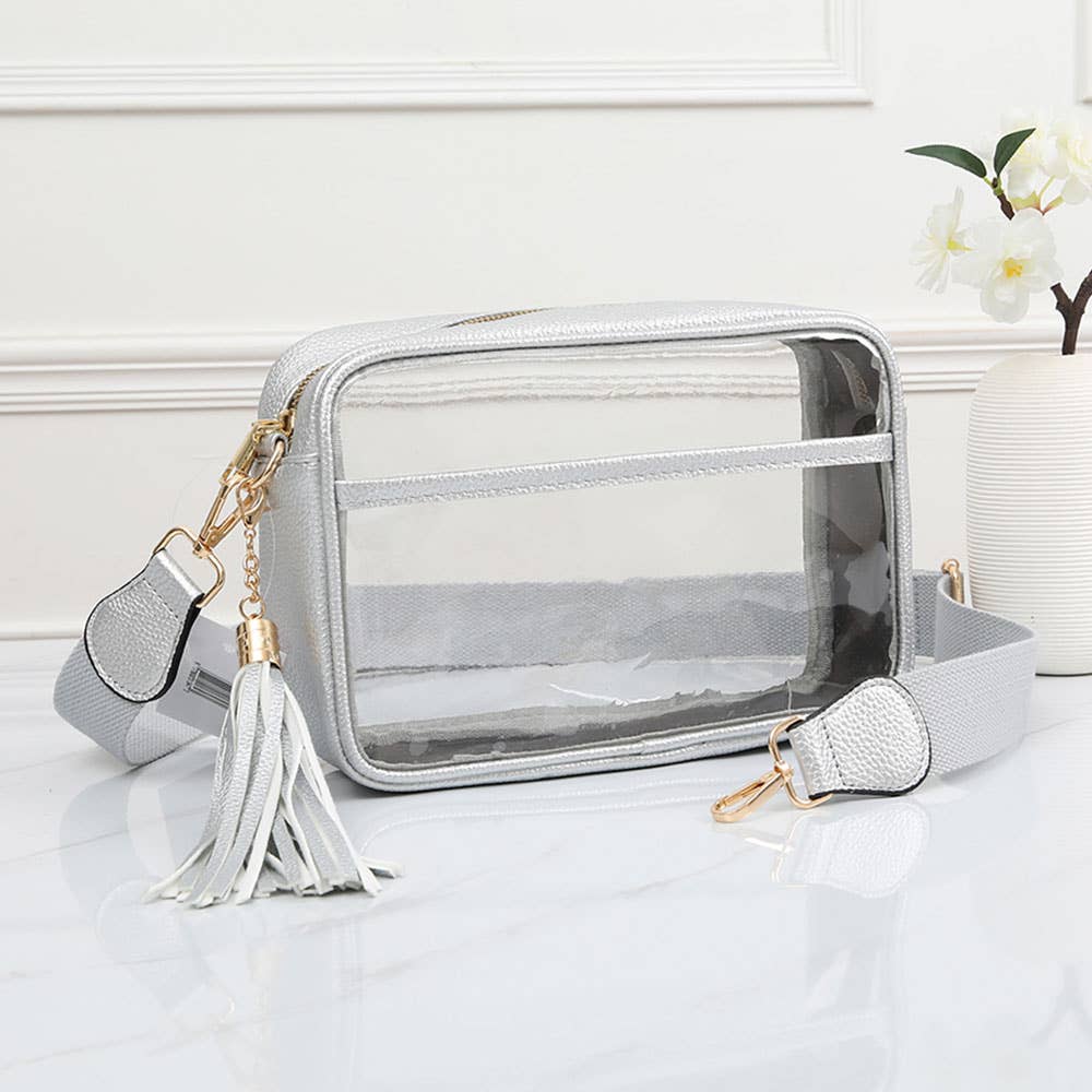Faux Leather Transparent Rectangular Crossbody Bag: Clear,Royal Blue