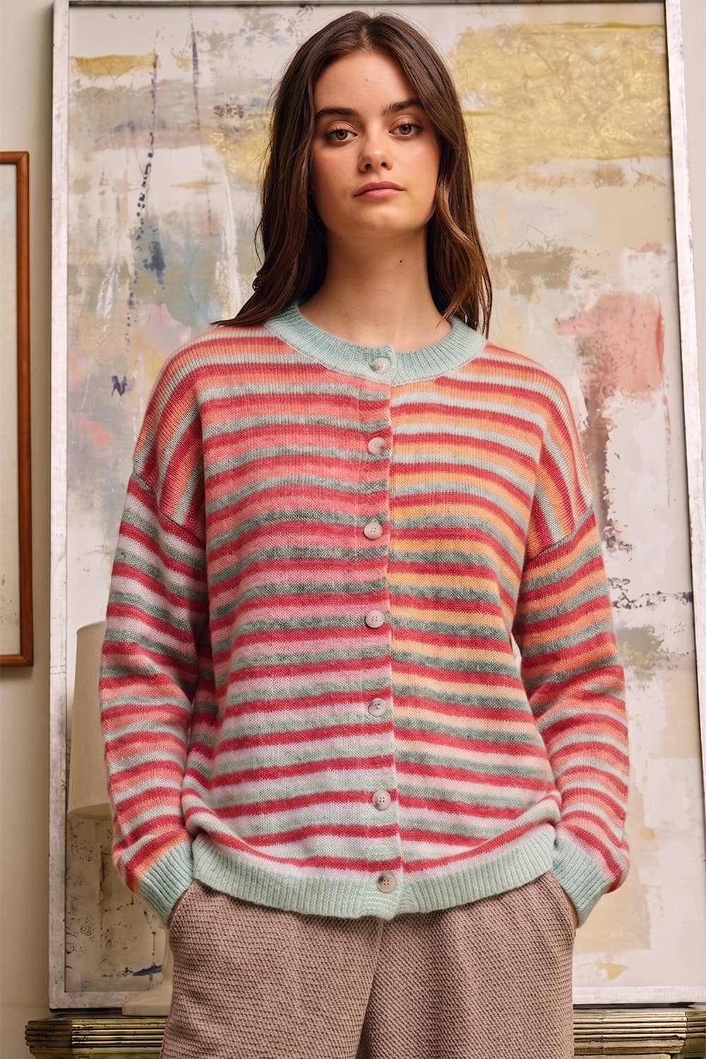 Red Space-Dye Striped Cardigan