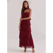 Maroon Strapless Tiered Midi Dress showing sleeveless