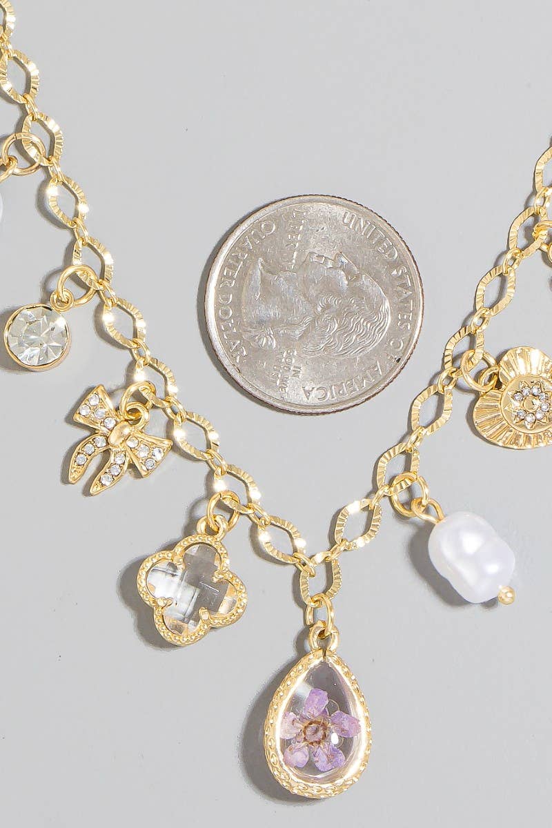 Heart Pearl And Floral Charms Chain Necklace