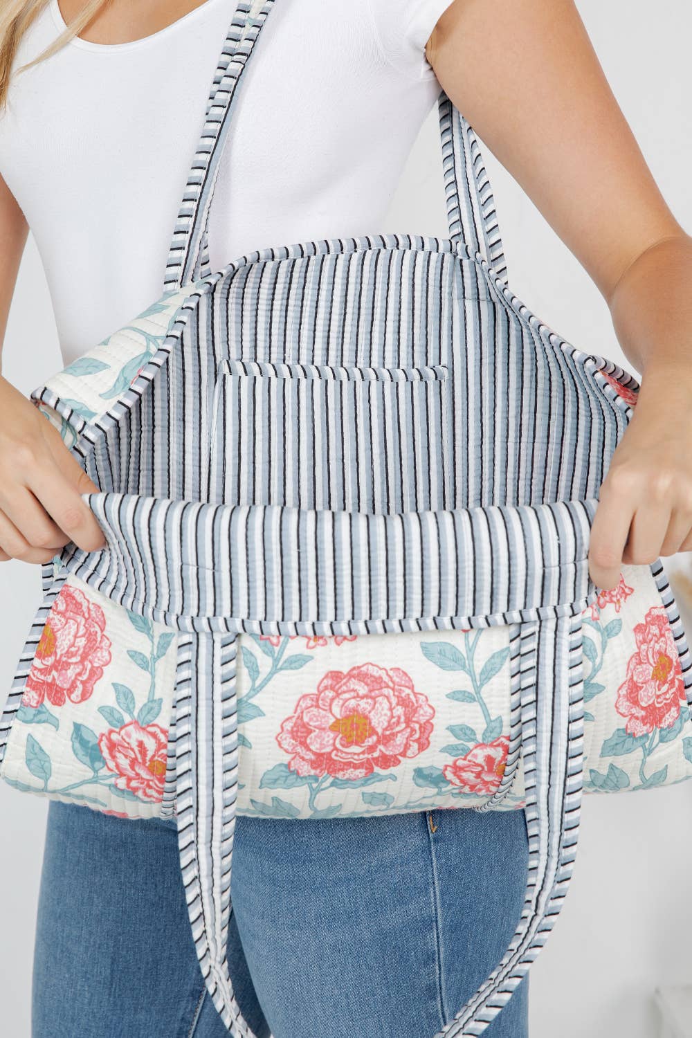 White Floral Quilted Tote Bag