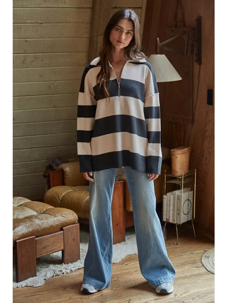 Navy & Cream Striped Half Zip