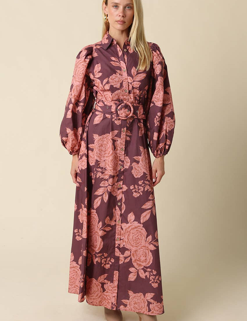 Purple & Pink Floral Belted Maxi Dress — floral print and front buttons