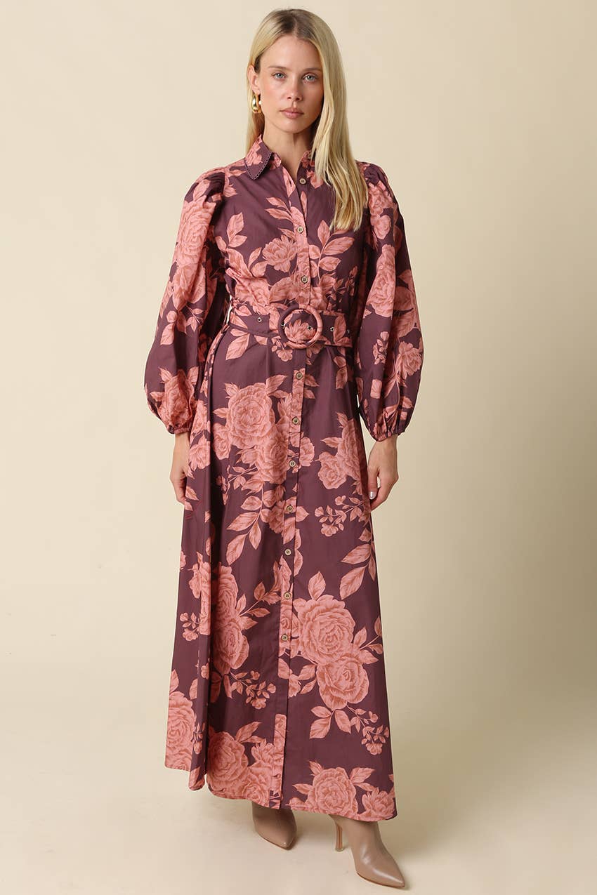 Purple & Pink Floral Belted Maxi Dress — floral print and front buttons