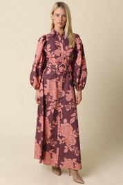Purple & Pink Floral Belted Maxi Dress — floral print and front buttons