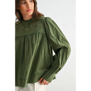 Green Puff Sleeve Embroidered Blouse