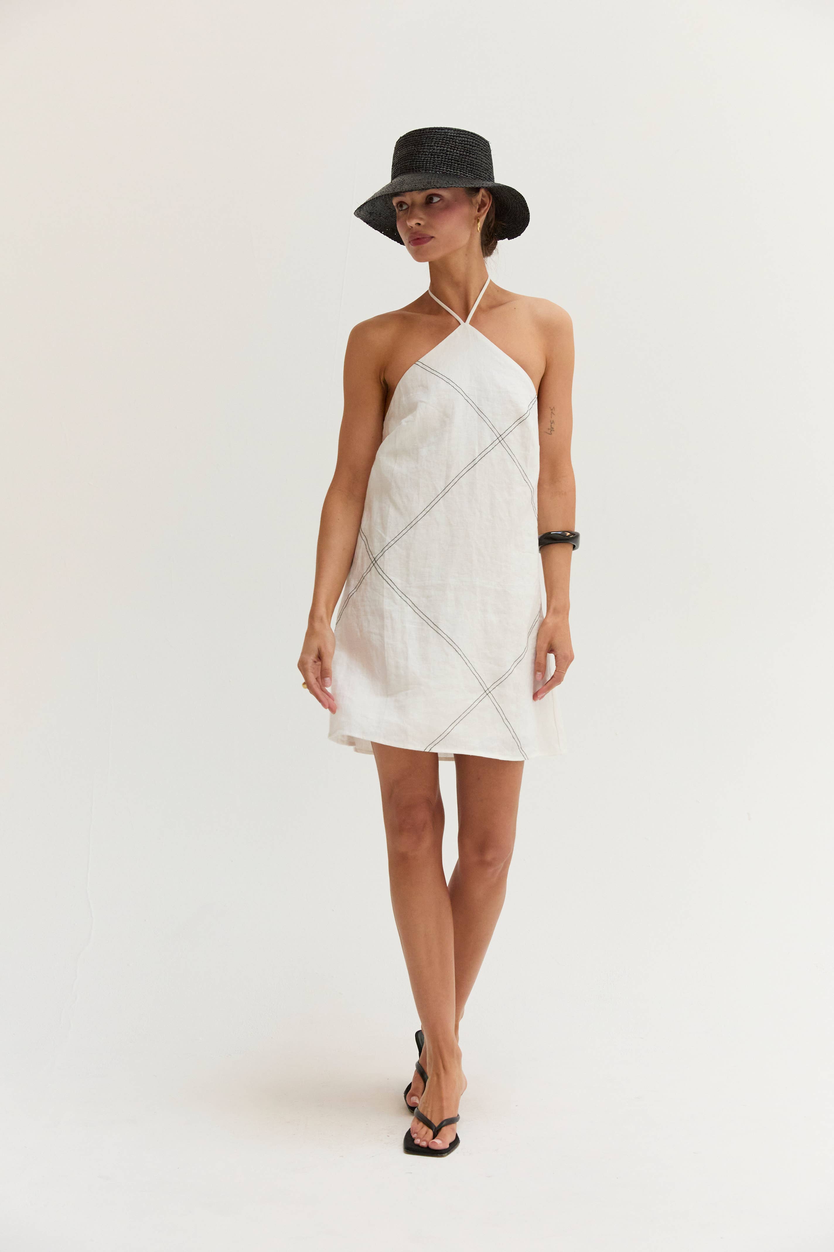 White Linen Stitch Mini Dress