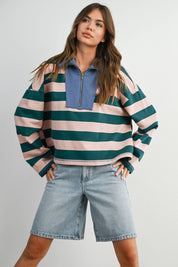 Green Striped Quarter-Zip Contrast Collar Sweatshirt