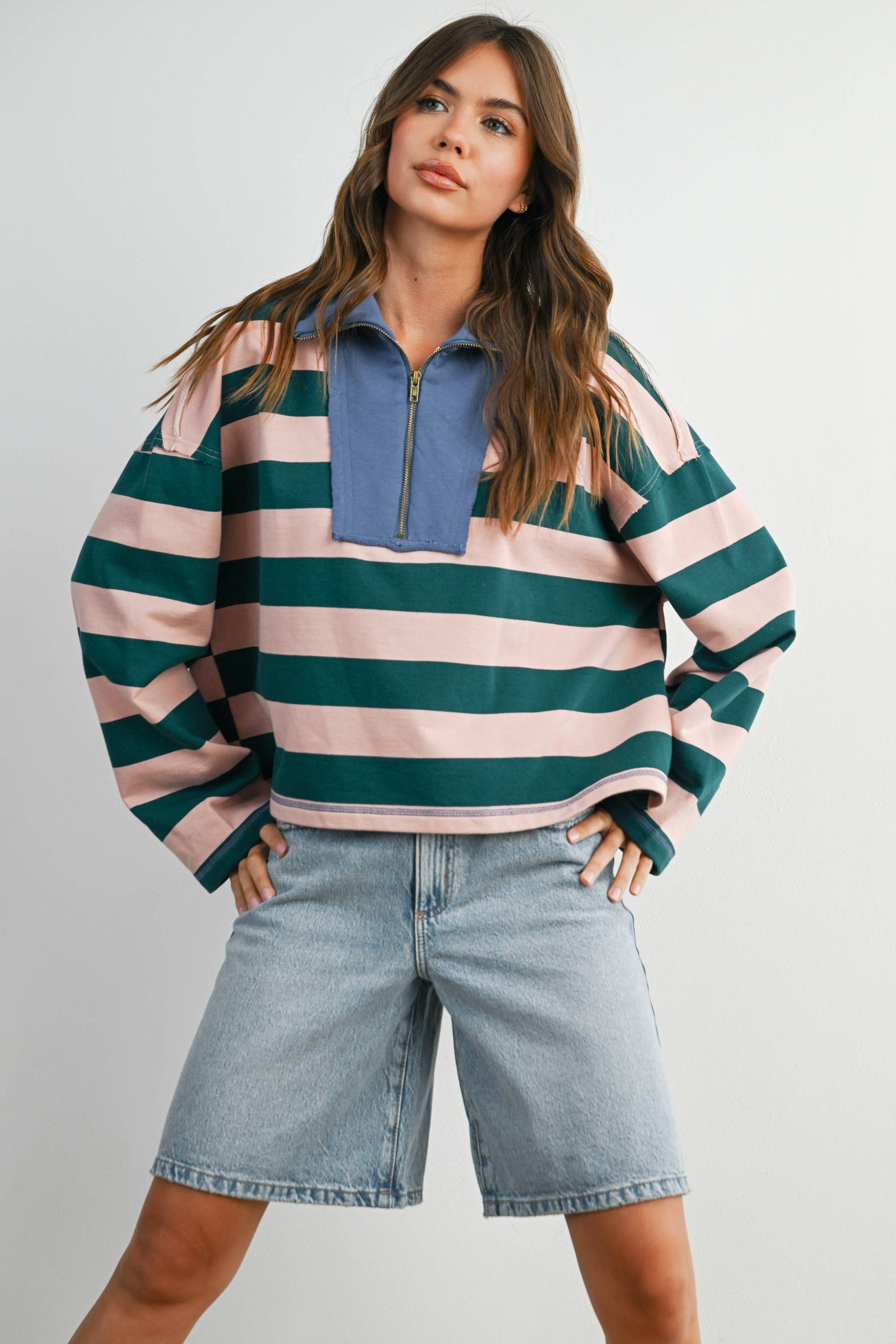 Green Striped Quarter-Zip Contrast Collar Sweatshirt