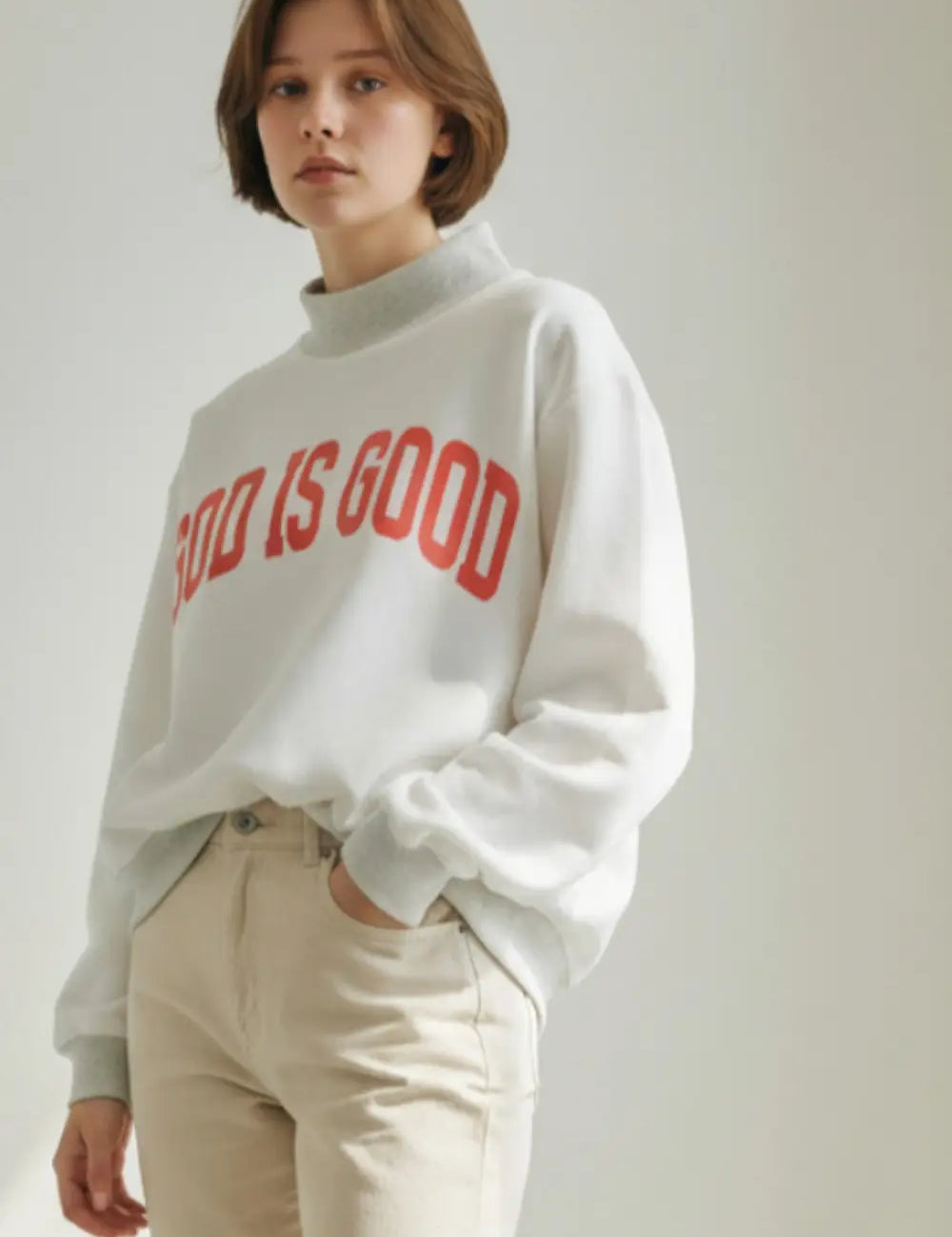 Coral Reversible Jesus Mock Neck showing ash gray with coral lettering