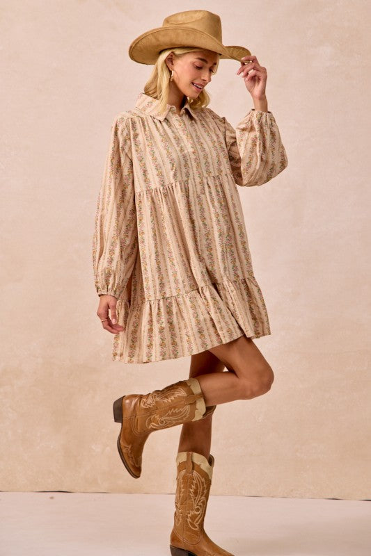 Cream Floral Print Buttoned Shirt Dress