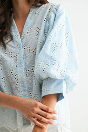 Light Blue Eyelet Puff Sleeve Top