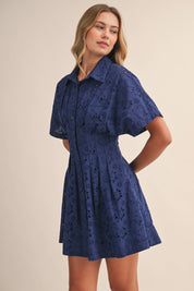 Navy Eyelet Pleated Mini Dress