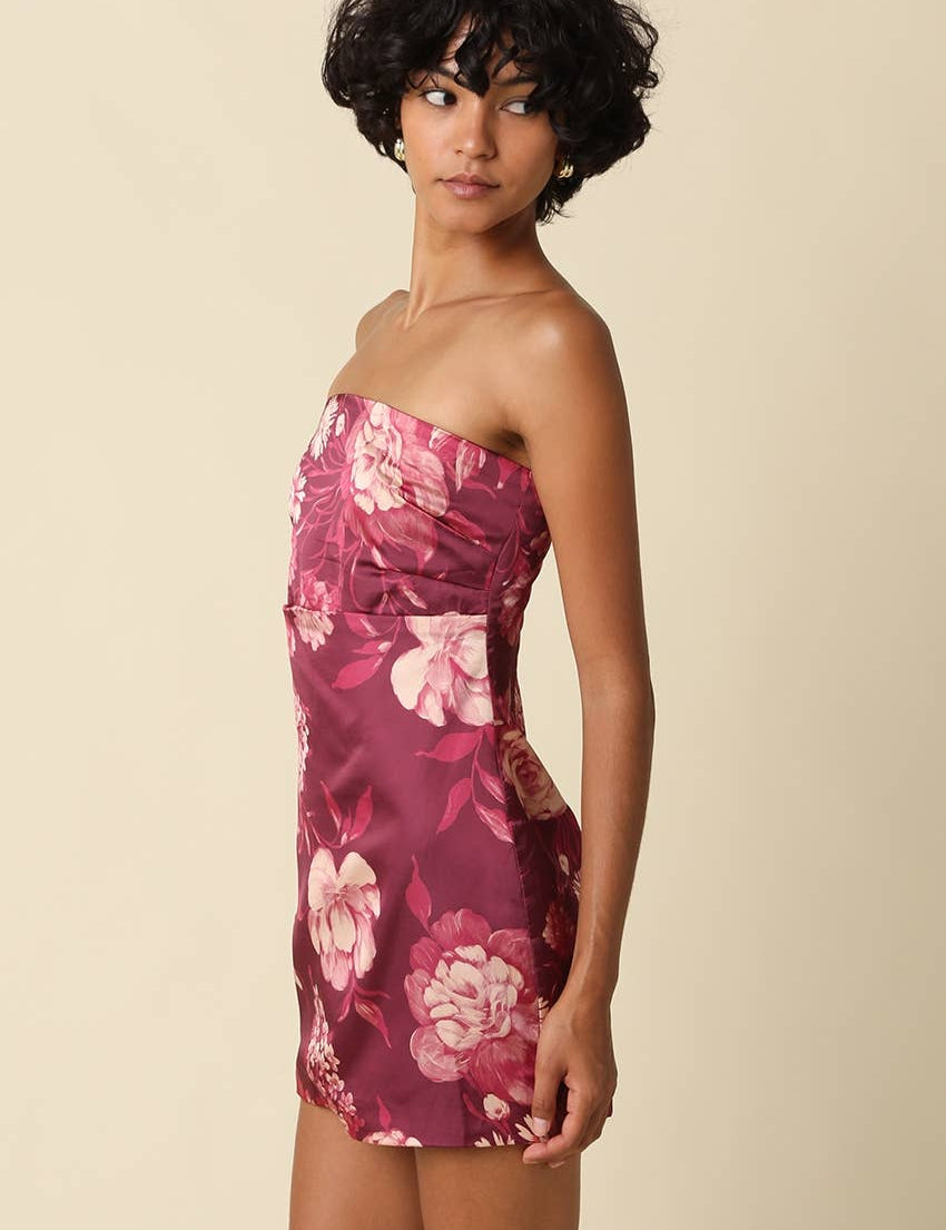 Maroon Floral Strapless Mini Dress showing satin finish