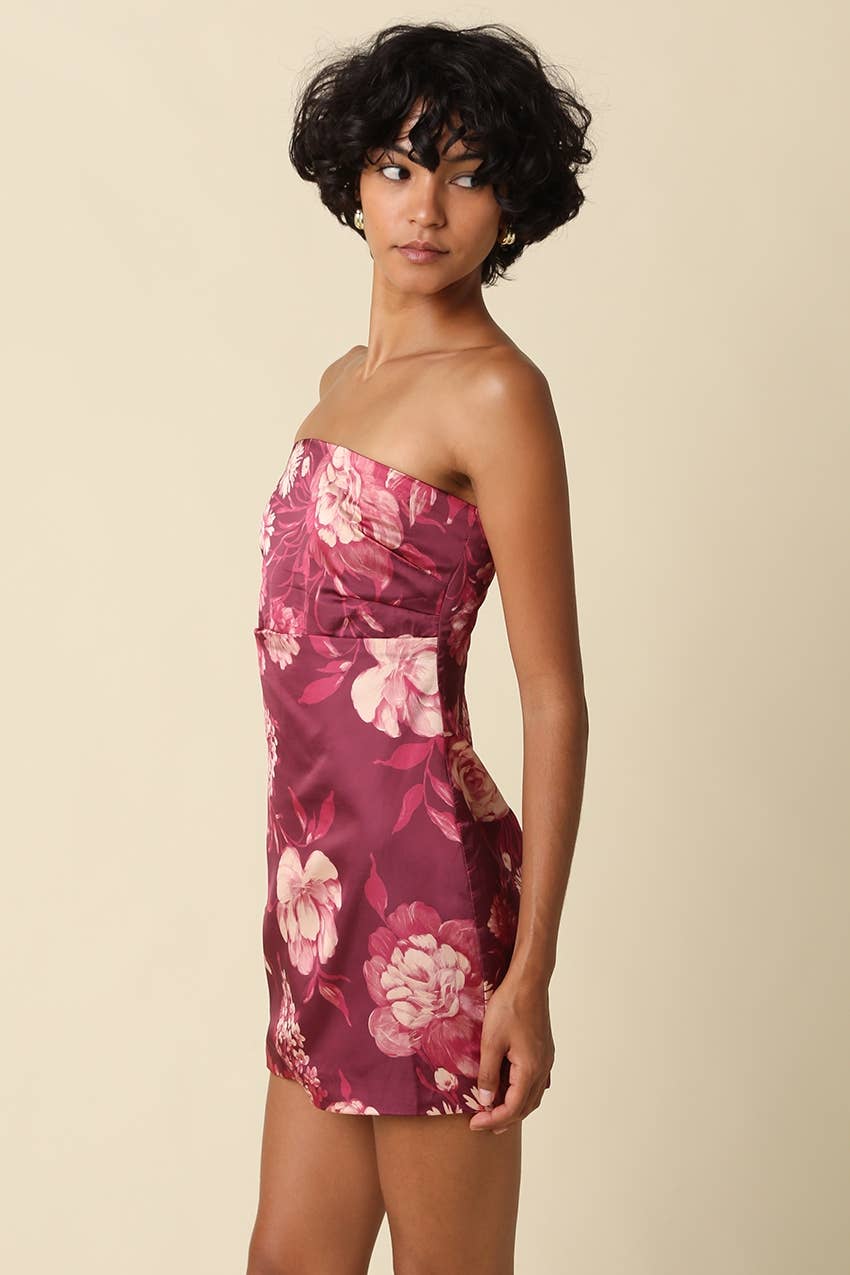 Maroon Floral Strapless Mini Dress showing satin finish