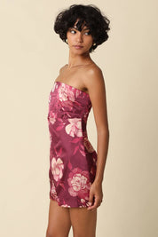 Maroon Floral Strapless Mini Dress showing satin finish
