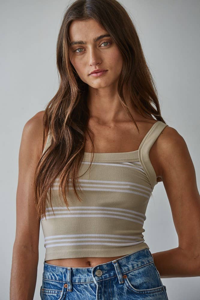 Beige Striped Ribbed Tank
