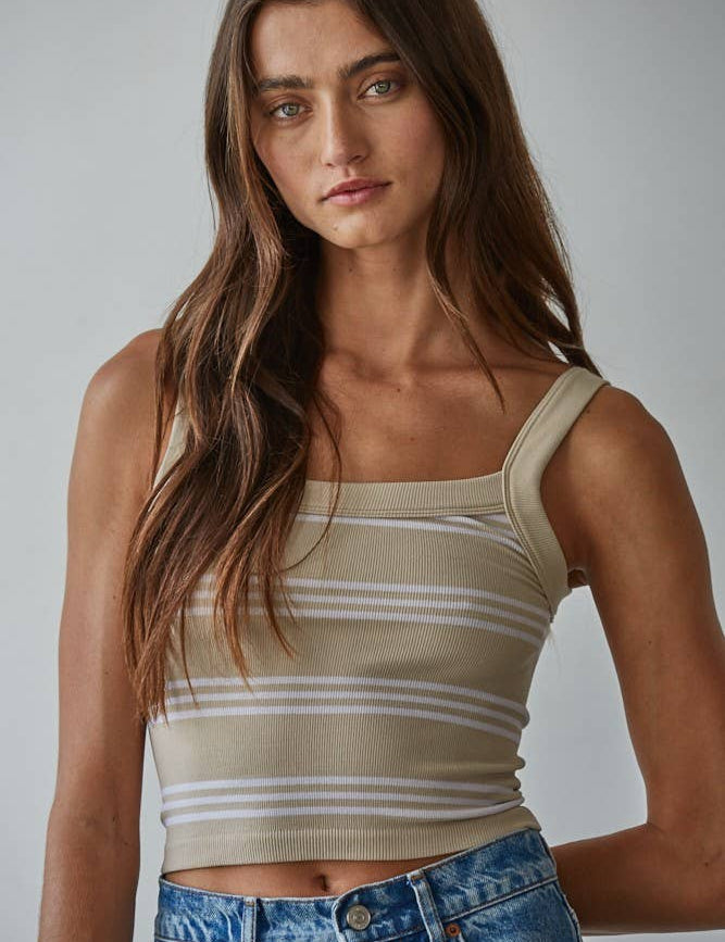 Beige Striped Ribbed Tank