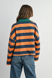 Green Striped Quarter-Zip Contrast Collar Sweatshirt