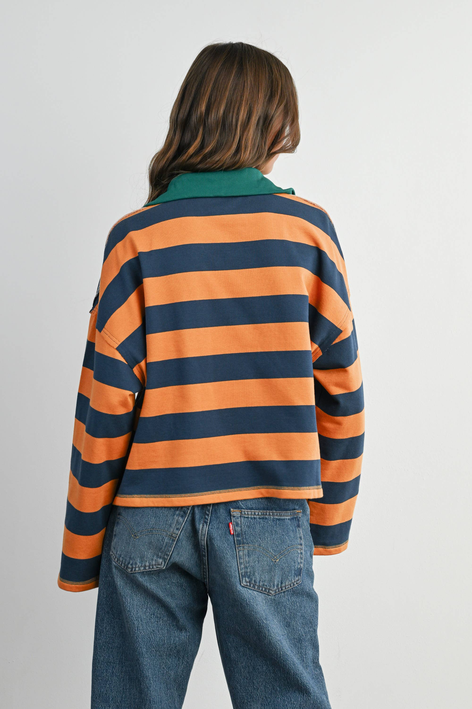 Green Striped Quarter-Zip Contrast Collar Sweatshirt