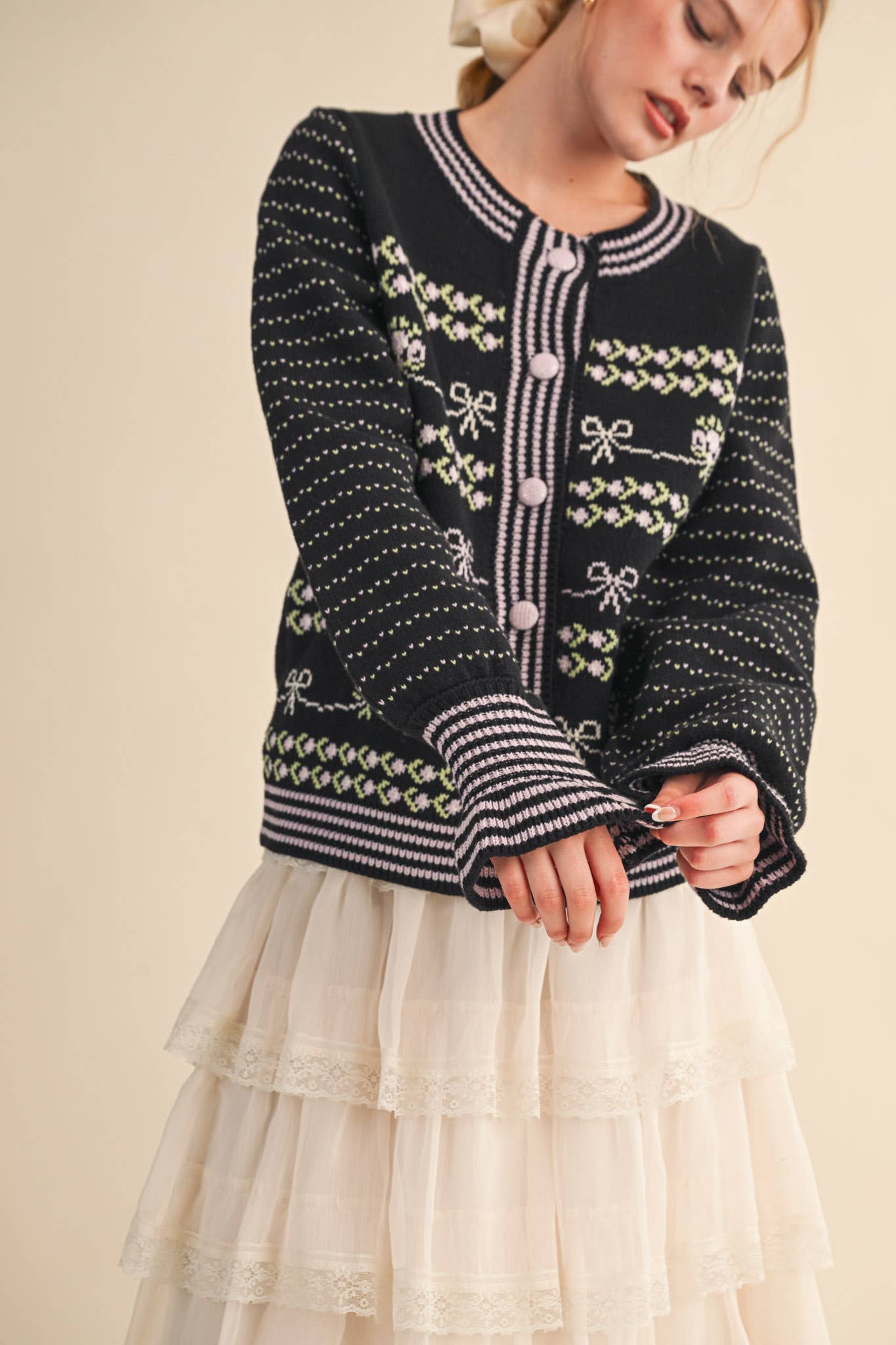 Black Floral Ruffle Sleeve Sweater Cardigan