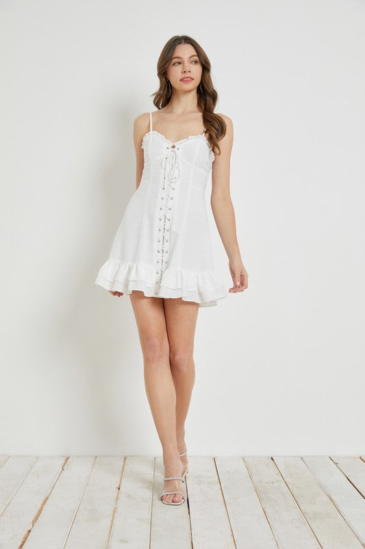 White Lace Up Ruffle Dress