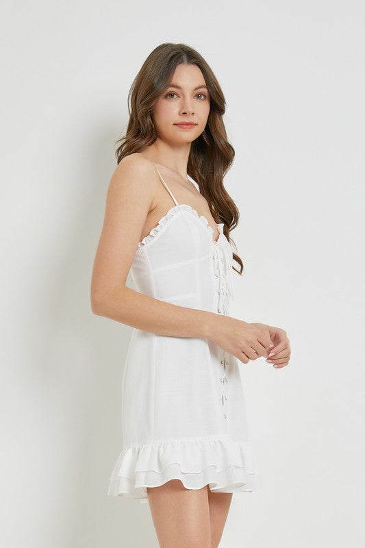 White Lace Up Ruffle Dress