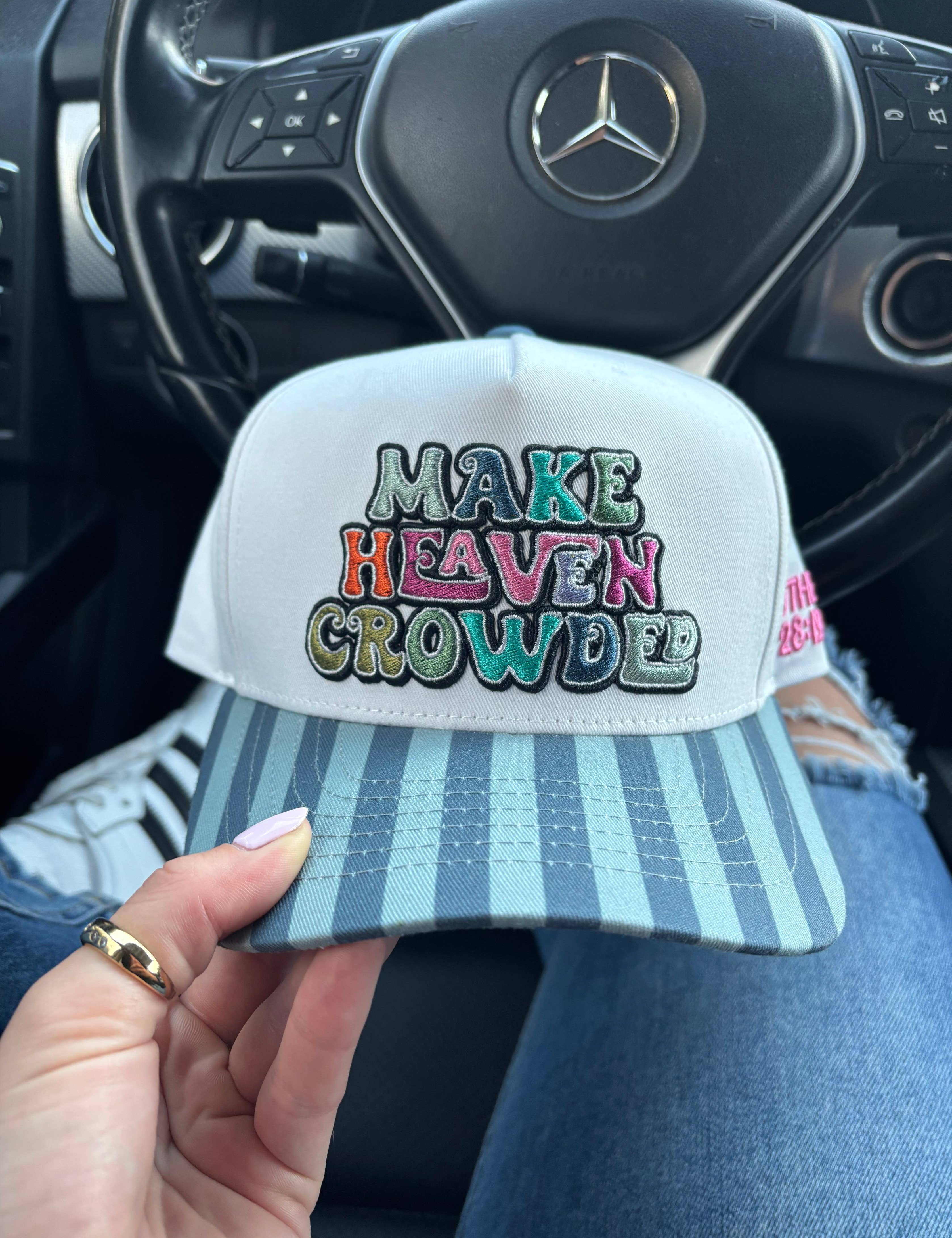 Make heaven crowded trucker hat — “make heaven crowded” embroidered trucker hat and crisp white crown with a trendy blue
