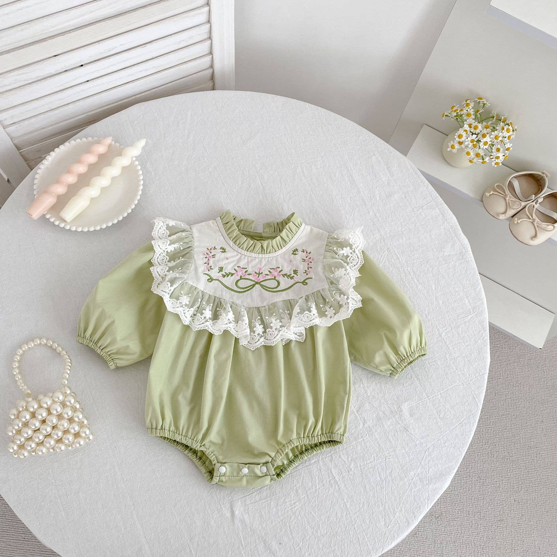 Green Embroidered Baby Romper