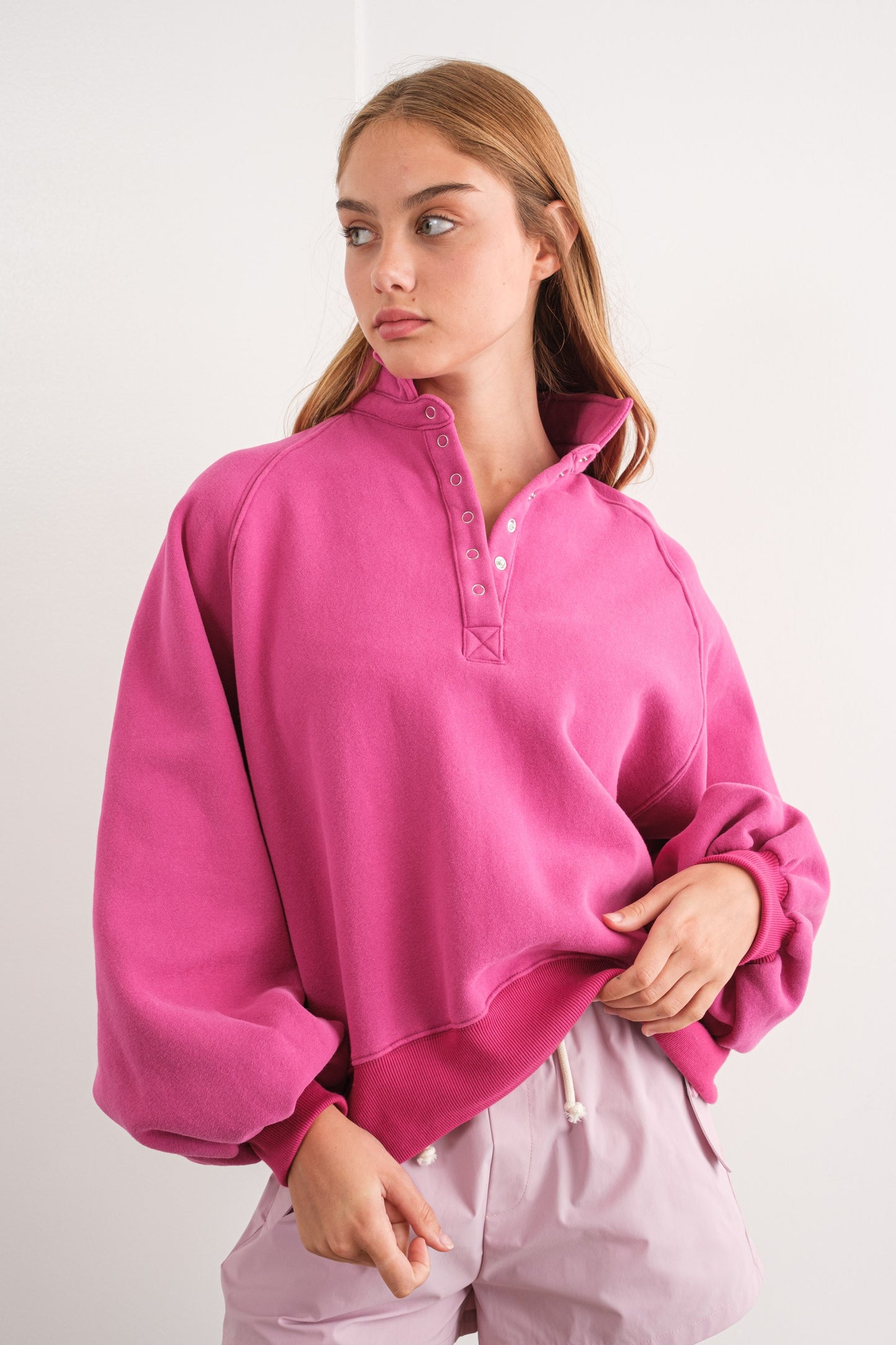 Fuchsia Snap Button Collared Sweater