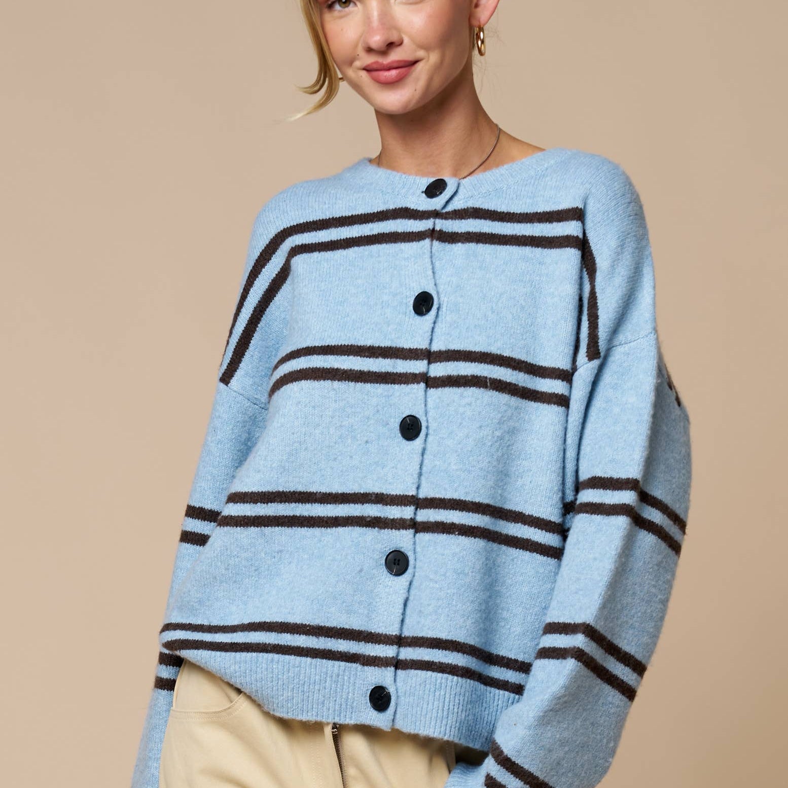 Light Blue Striped Button Cardigan — brown contrasting stripes and button front closure