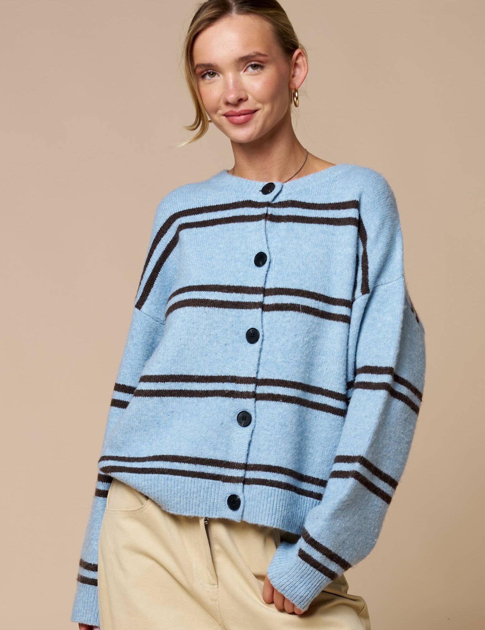Light Blue Striped Button Cardigan — brown contrasting stripes and button front closure