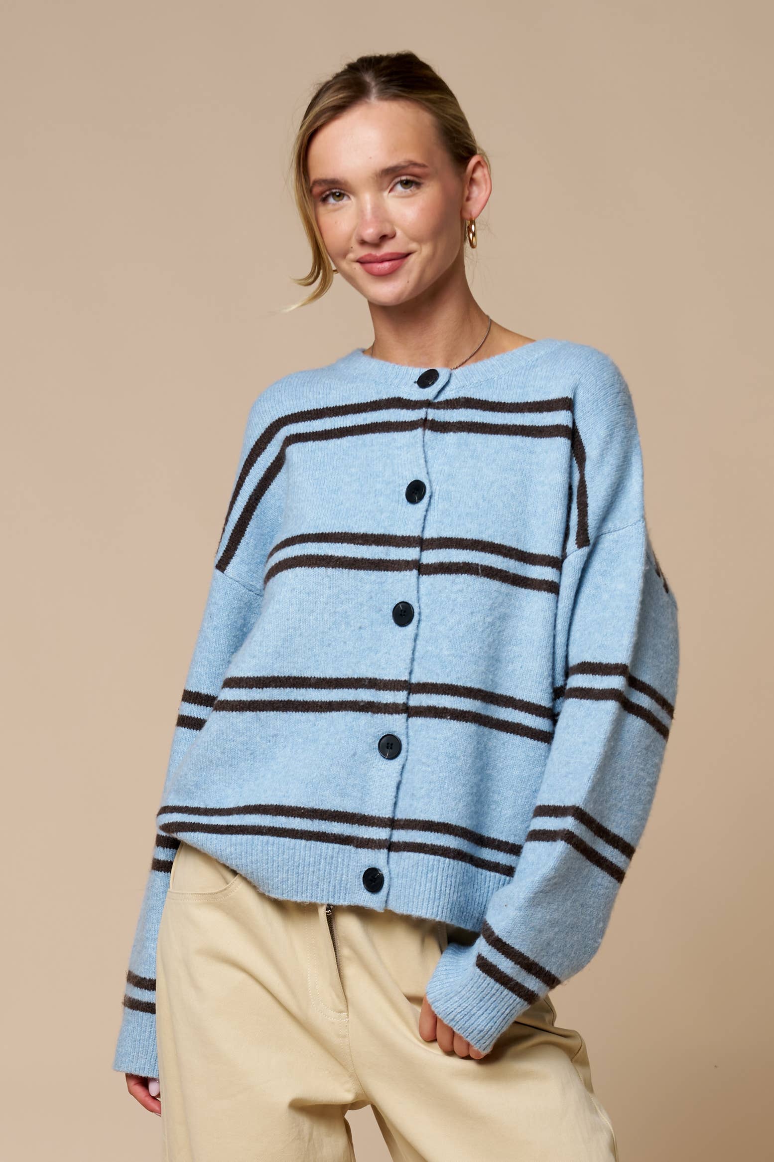 Light Blue Striped Button Cardigan