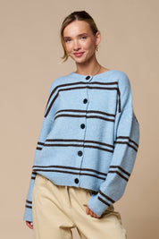 Light Blue Striped Button Cardigan